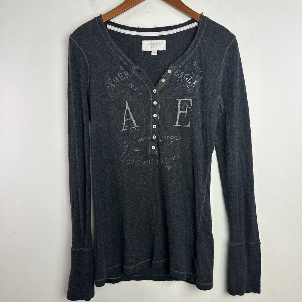 American‎ Eagle Outfitters Womens Med Vintage Y2K Henley Graphic Print Grunge